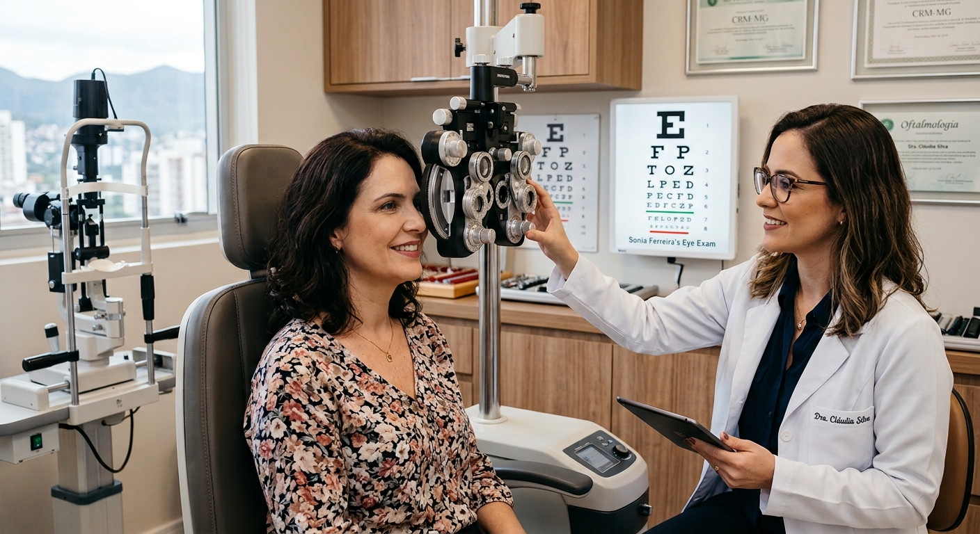 Médica oftalmologista realizando exame de vista em clínica parceira