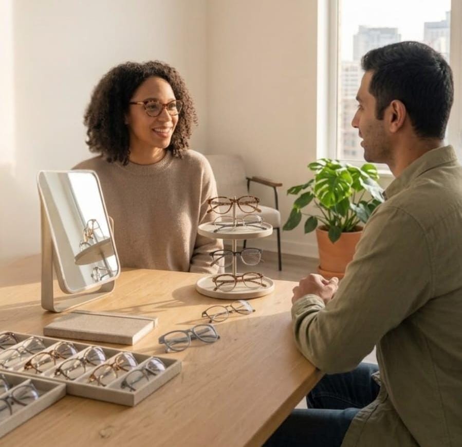 Consultora da Ótica Economiza apresentando armações na casa da cliente